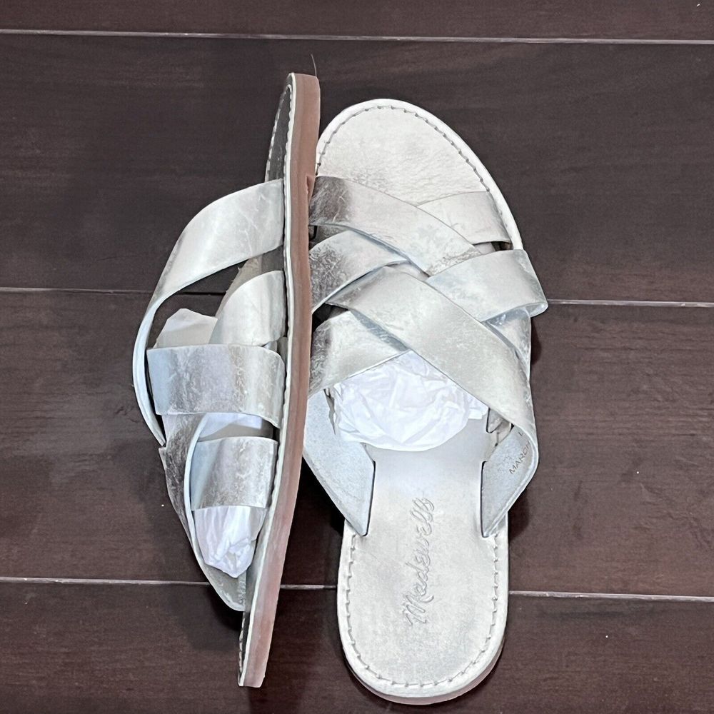 Madewell The Boardwalk Woven Metallic Silver Slides Sandals Flats Women's 8.5